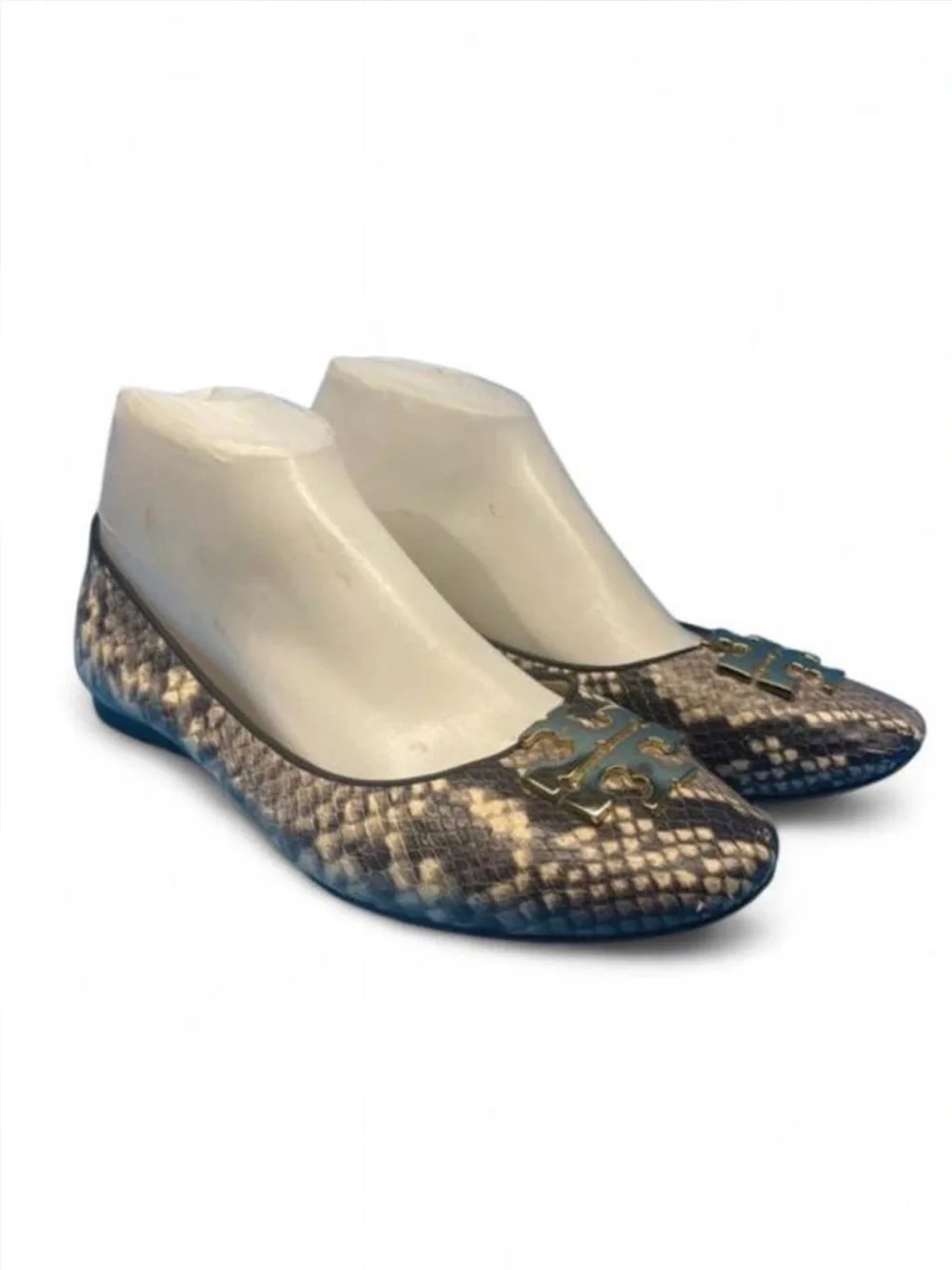 Tory Burch Georgia ballet flats, snake-printed leather, gold-toned logo plaque.